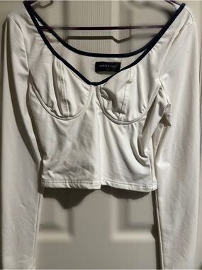 White Fox Boutique White Long-Sleeve Bustier Crop Top with Black Piping